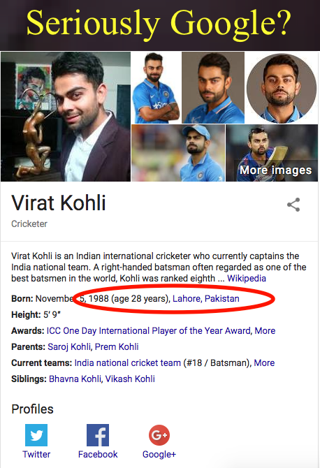 Virat Kohli born in Lahore, Pakistan