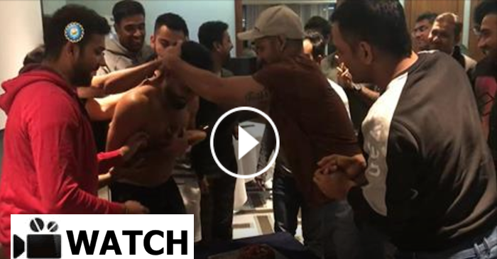 WATCH: Ravindra Jadeja, Rohit Sharma and Shikhar Dhawan giving a cake treatment to Dinesh Karthik