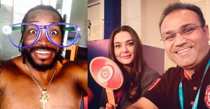 IPL 2018: Chris Gayle shows the victory sign after a successful bid by Kings XI Punjab