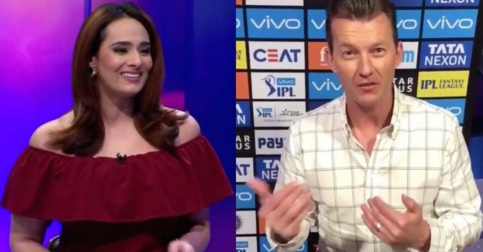 Brett Lee removes his coat during a Live show and IPL anchor Mayanti Langer couldn’t stop smiling