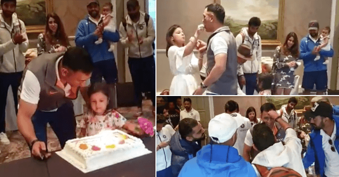 VIDEO: MS Dhoni cuts birthday cake with daughter Ziva, wife Sakshi, members of the Indian team