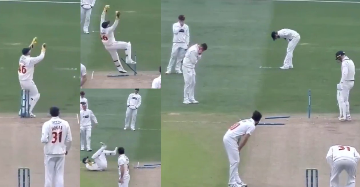 WATCH: Chris Cooke comically bumps into stumps during a County Championship match against Kent