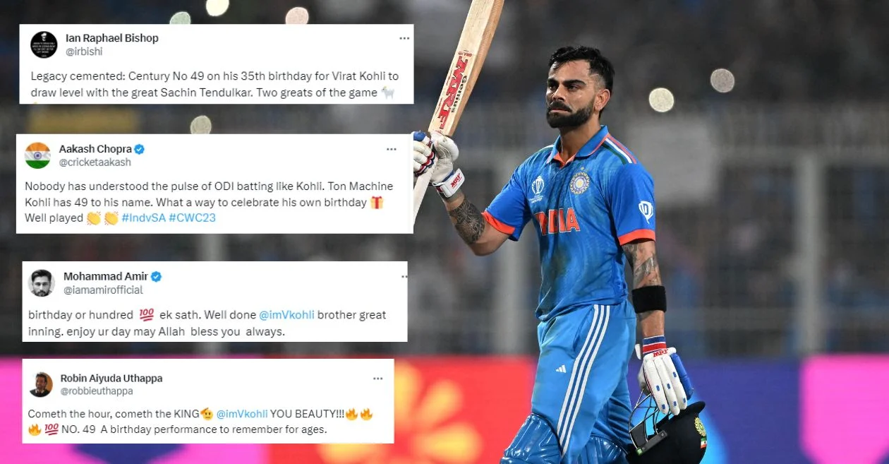 ODI World Cup 2023: Cricket fraternity erupts as Virat Kohli hits 49th ODI century to level Sachin Tendulkar’s record