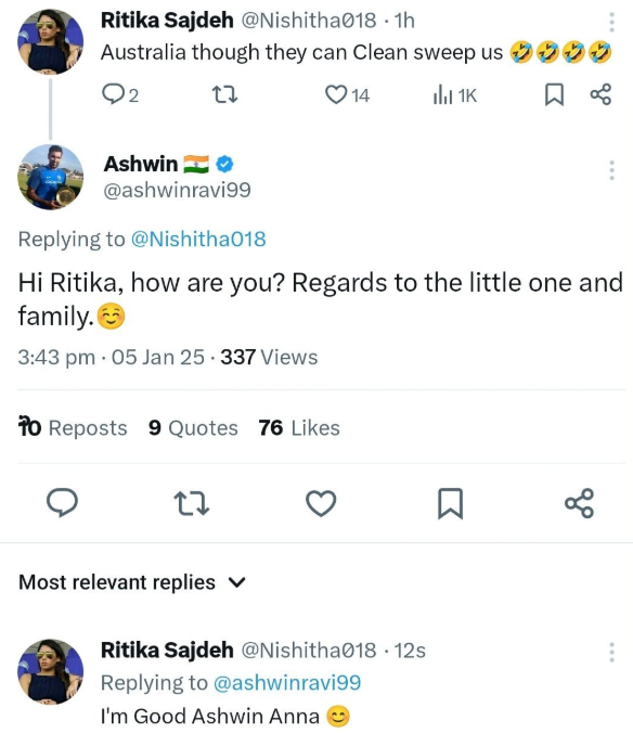 A screengrab of Ravichandran Ashwin's interaction with Ritika Sajdeh's fake acoount 