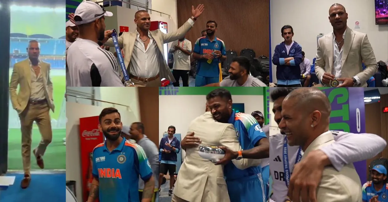 WATCH: Shikhar Dhawan enters Indian dressing room to announce best fielder medal after the IND vs PAK match at Champions Trophy 2025